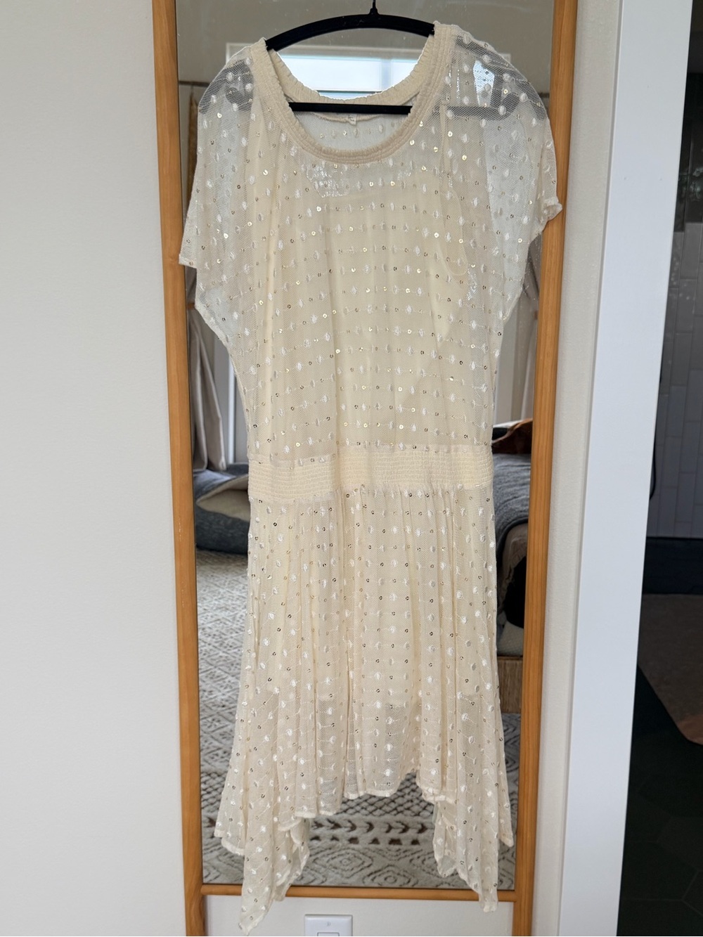 Cream Sequin Mesh Flutter Sleeve Dress